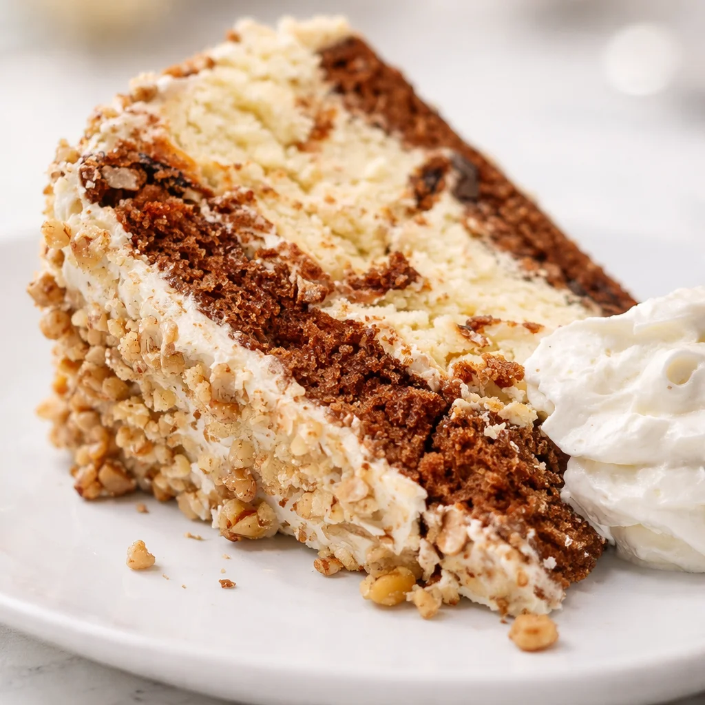 Carrot tower cake with cream cheese frosting between every layer