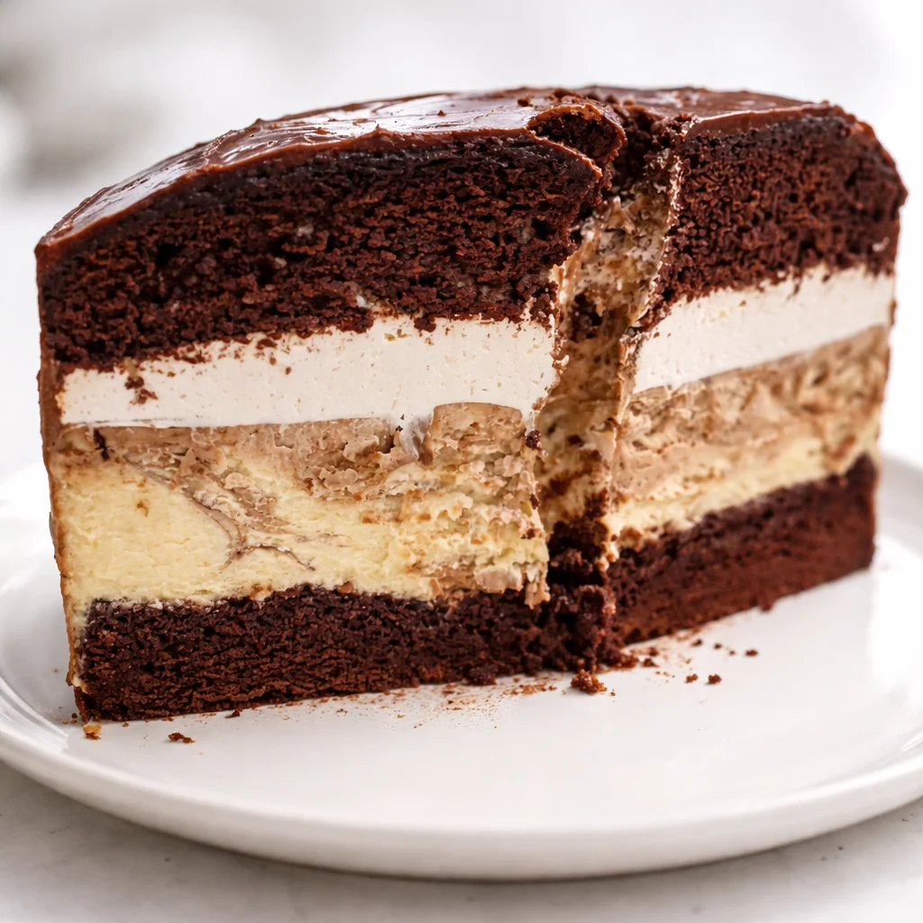Tall chocolate tower cake with chocolate cream layers