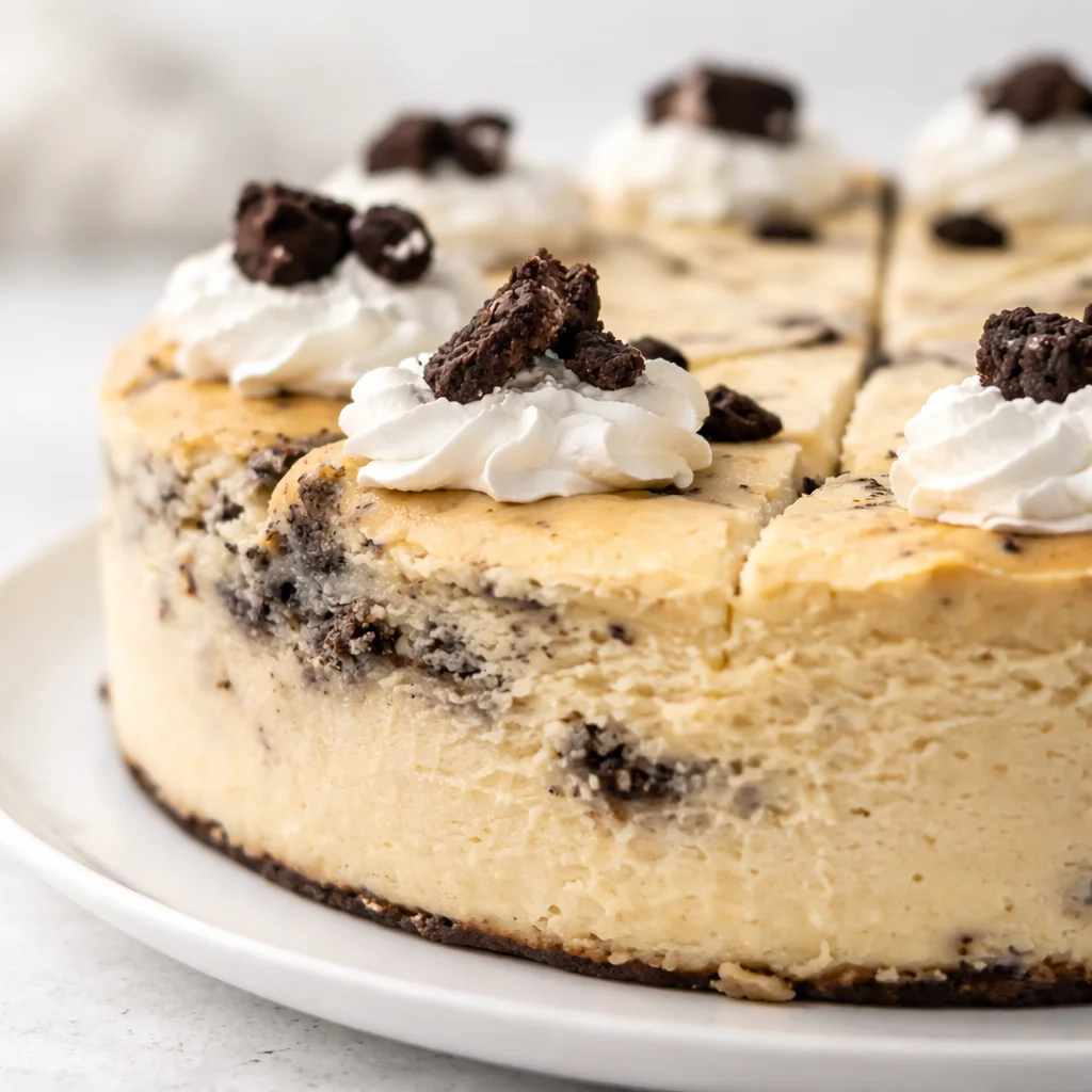 Oreo cheesecake topped with crushed Oreos